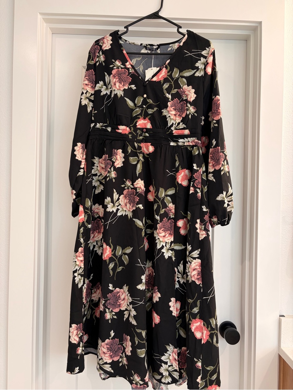 BloomChic Black Floral Midi Dress with Pink and Cream Roses